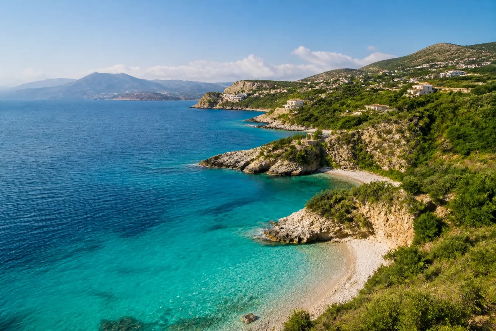 Albanian Riviera coves with clear Ionian water below rugged green hills