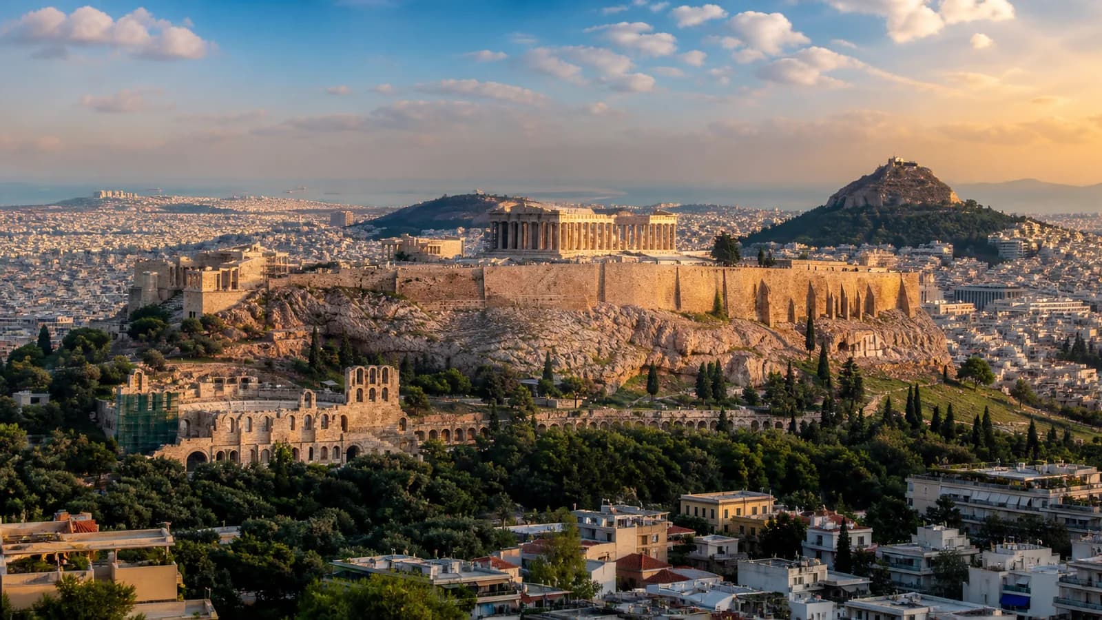 The Acropolis and Parthenon rising above Athens at sunset