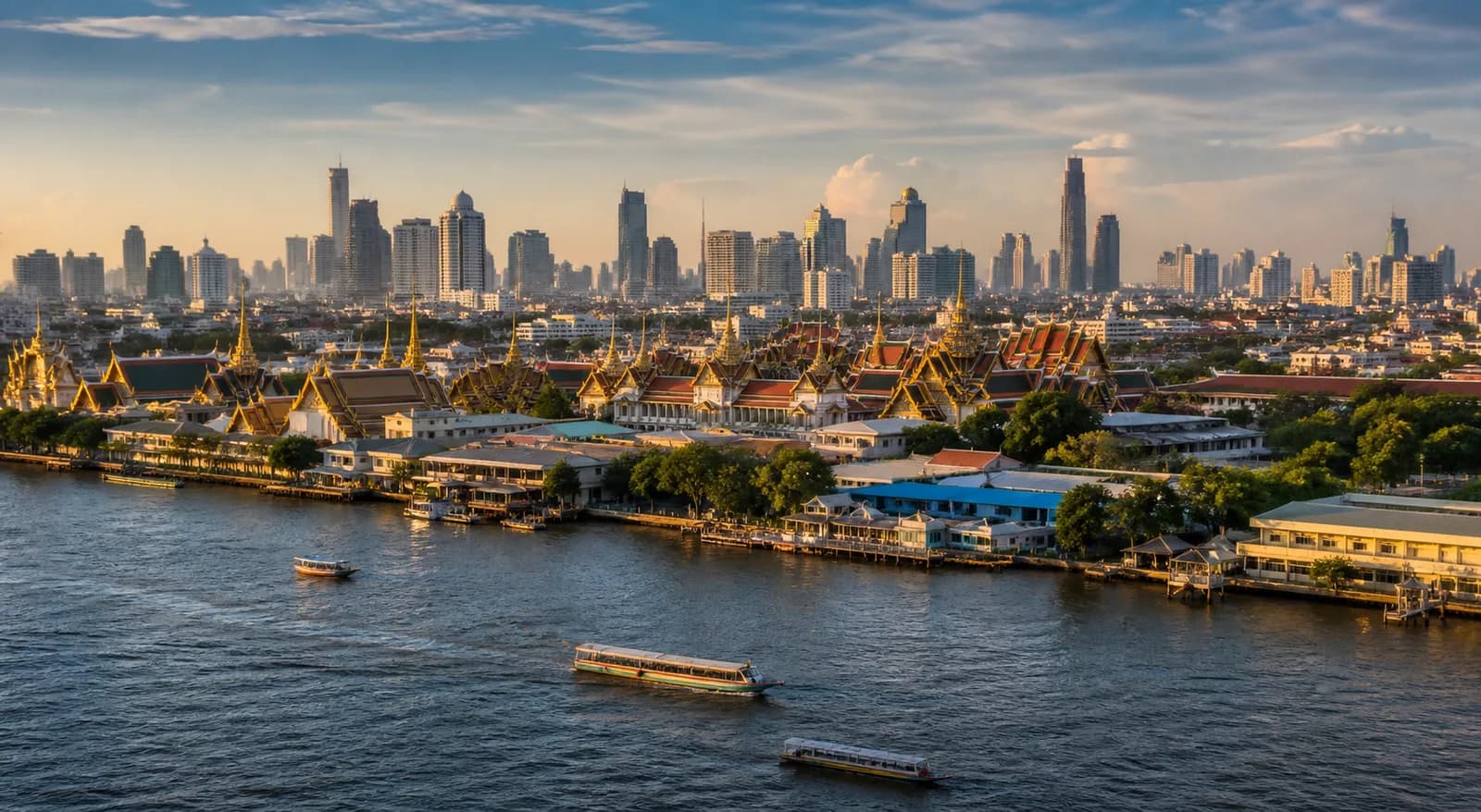 Bangkok temples and skyline beside the Chao Phraya River in warm light