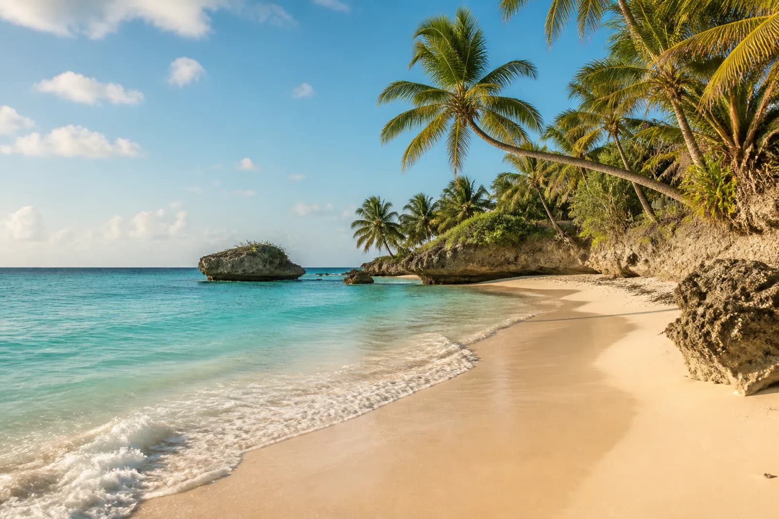 A sandy Barbados beach with palms, coral limestone, and turquoise Caribbean water