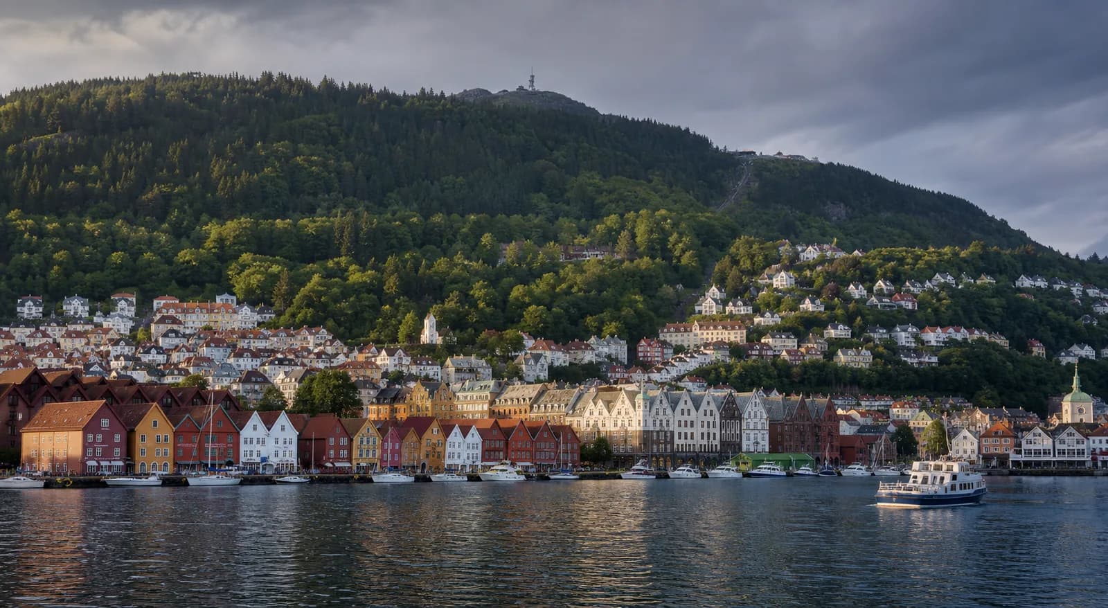 Bergen Bryggen wharf buildings below green mountains beside the fjord