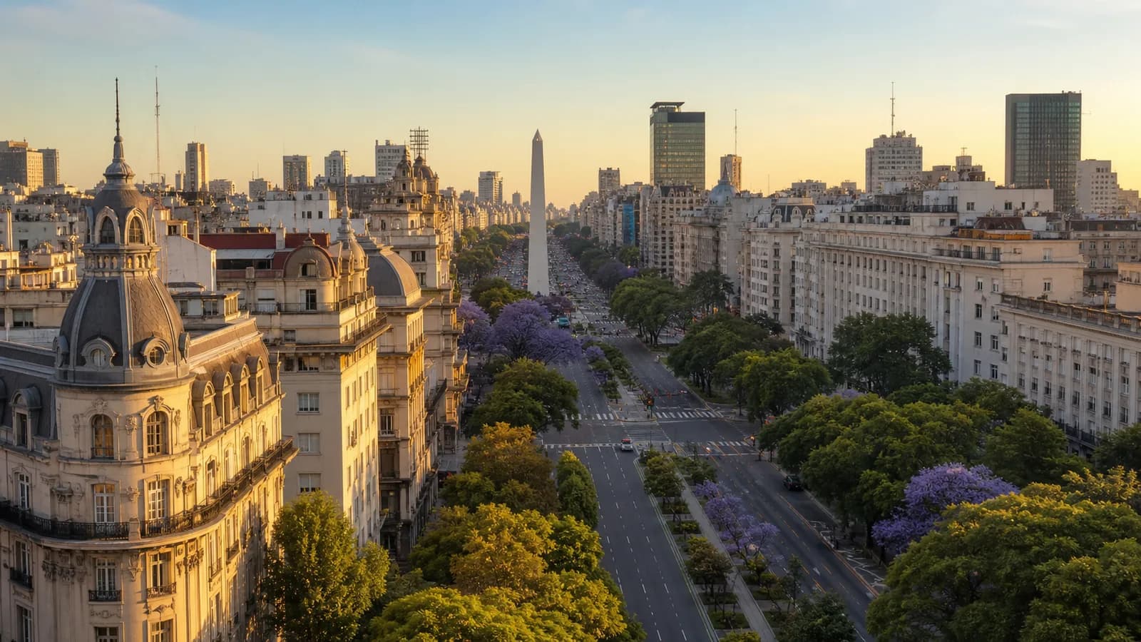 Buenos Aires avenues and the Obelisco framed by historic buildings and trees