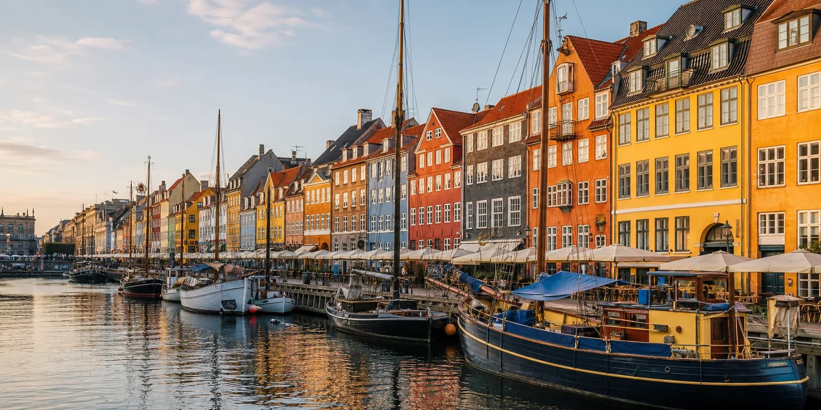 Copenhagen Nyhavn harbour with colourful townhouses and moored boats