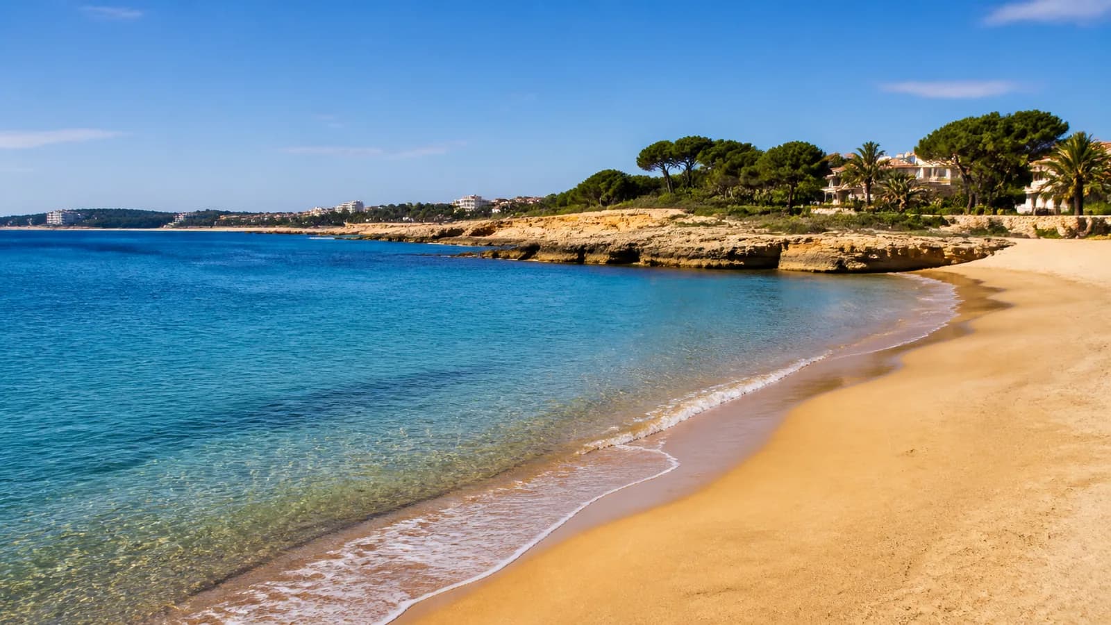 Costa Dorada golden sand and clear Mediterranean water below low Catalan headlands