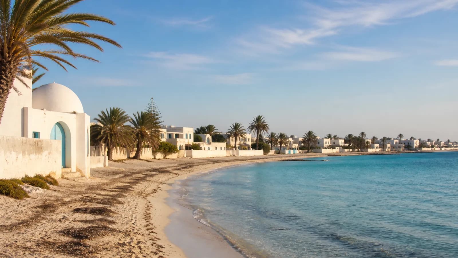 Djerba whitewashed coastal buildings and palms beside clear Mediterranean water