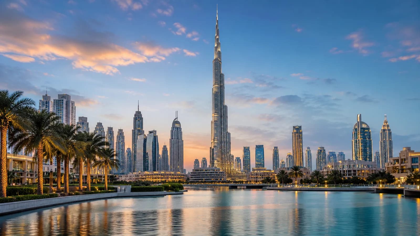 The Burj Khalifa and Dubai skyline reflected in calm water at dusk