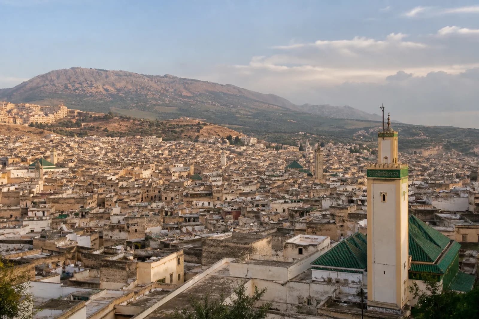 Fez medina rooftops and green-tiled minarets below the surrounding hills