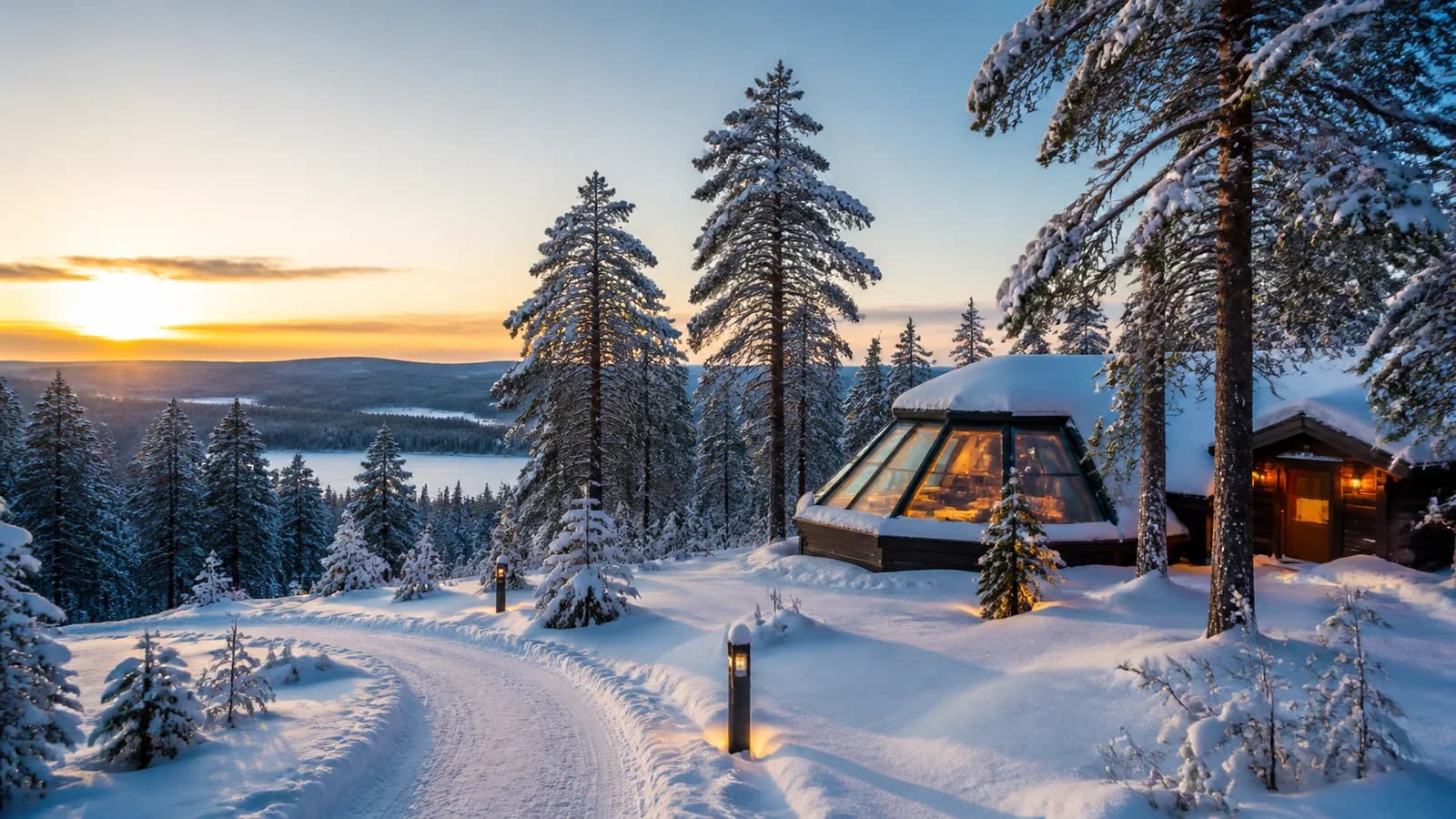 Snowy Finnish Lapland forest lodge near Rovaniemi in soft winter light