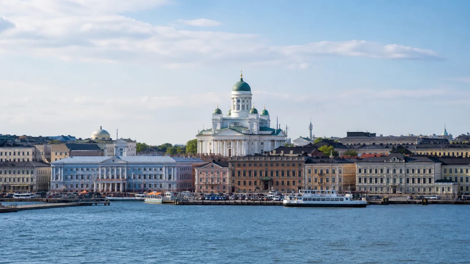 Helsinki Cathedral and waterfront buildings beside the Baltic harbour