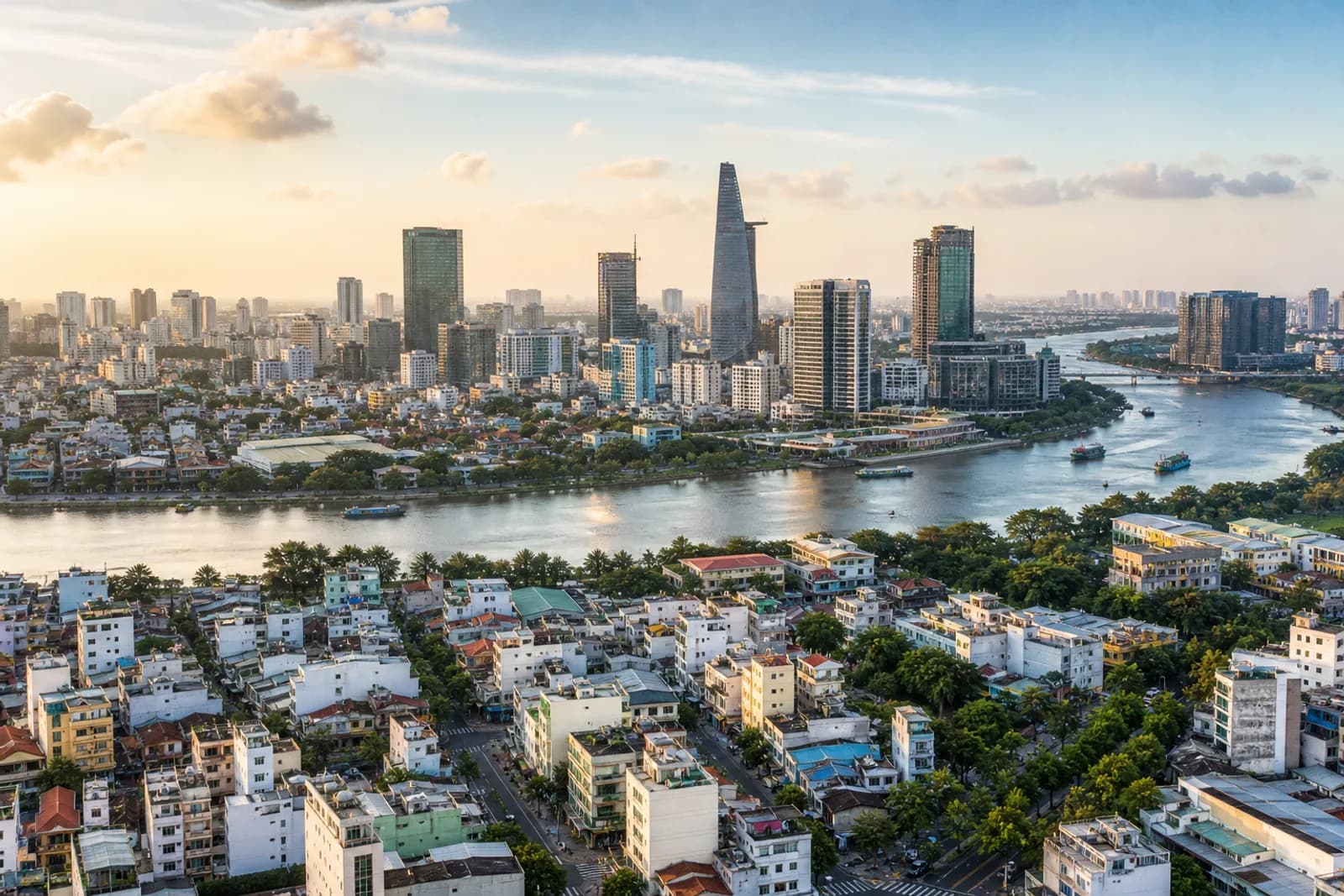Ho Chi Minh City skyline and Saigon River in warm afternoon light