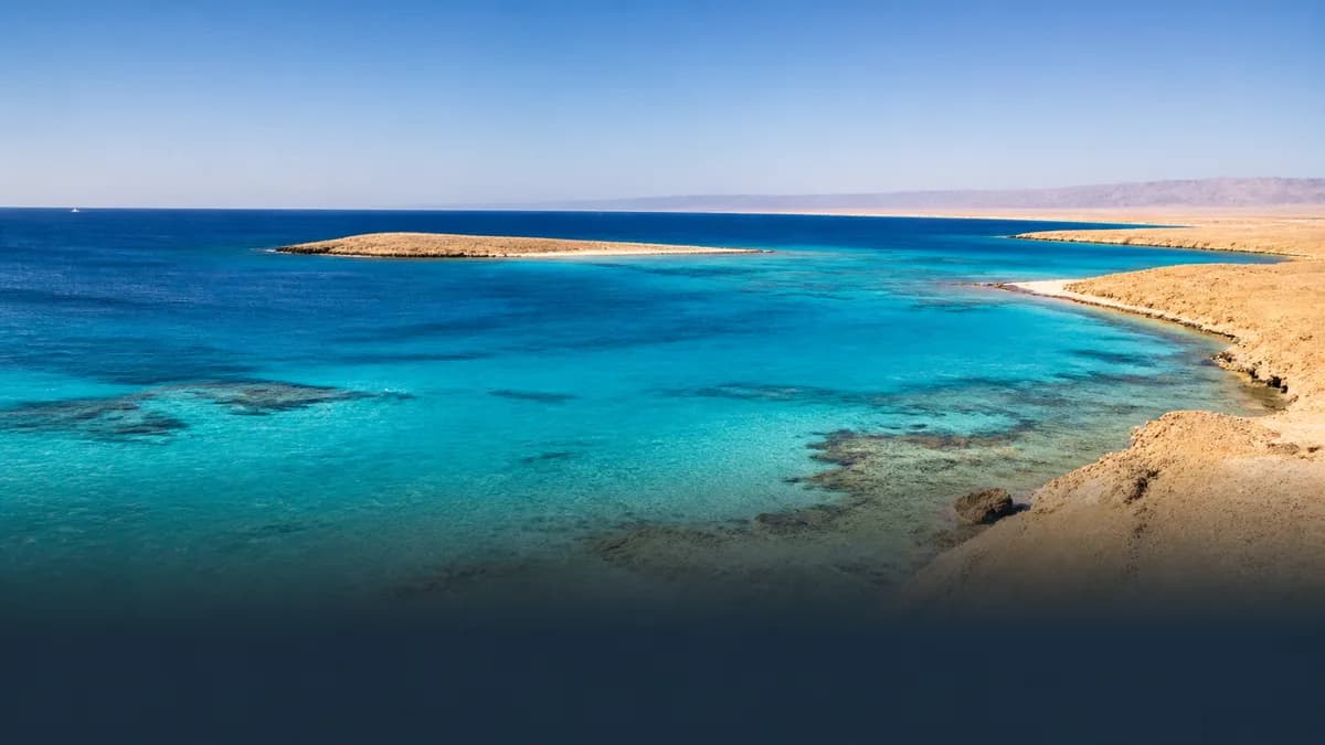Turquoise Red Sea shallows and desert islands near Hurghada