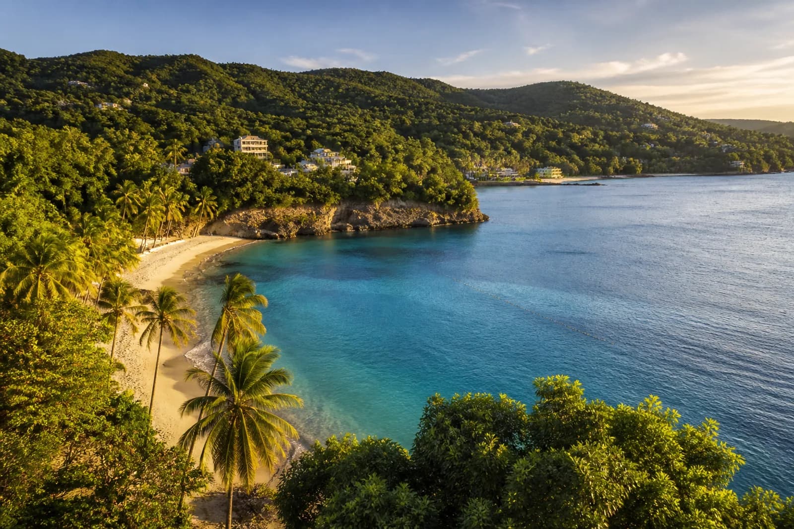 A lush Jamaican north-coast cove with palms, green hills, and blue Caribbean water