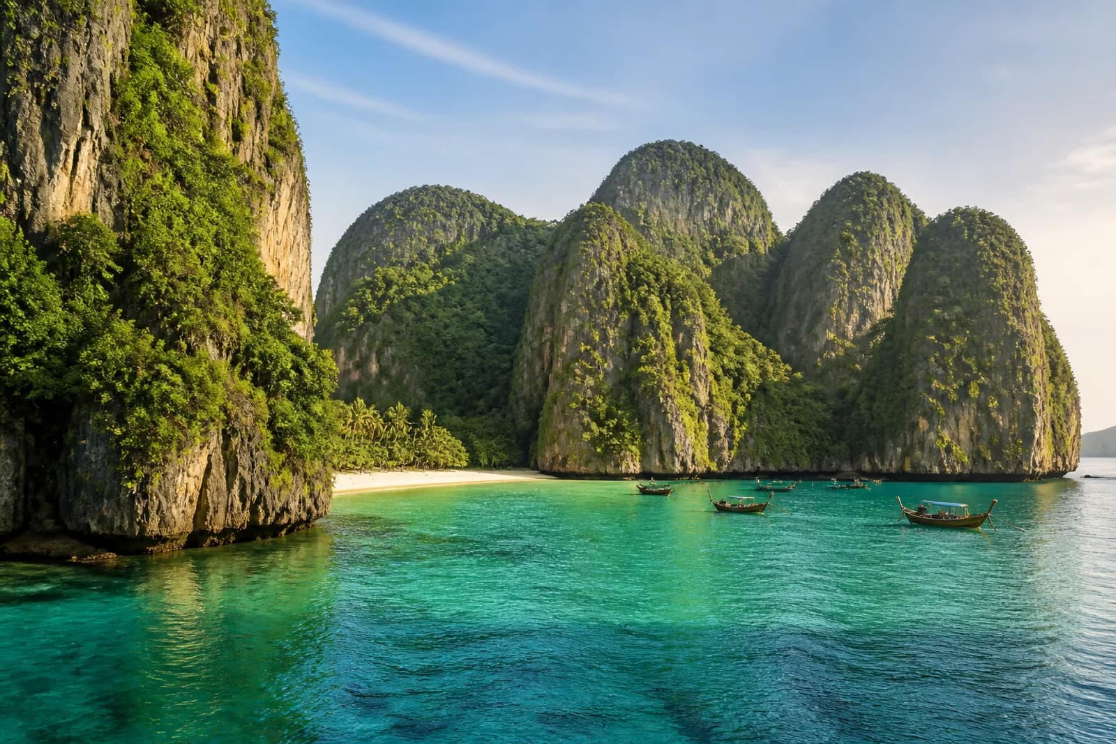 Koh Phi Phi limestone cliffs and turquoise Andaman water with long-tail boats