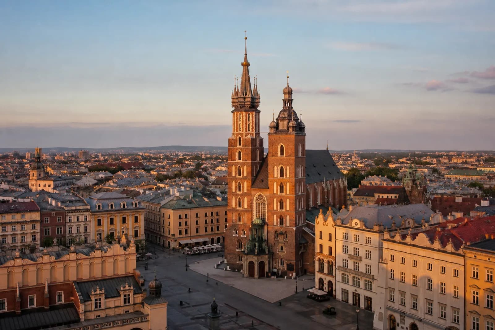 Krakow Old Town rooftops and St Mary’s Basilica above the main square
