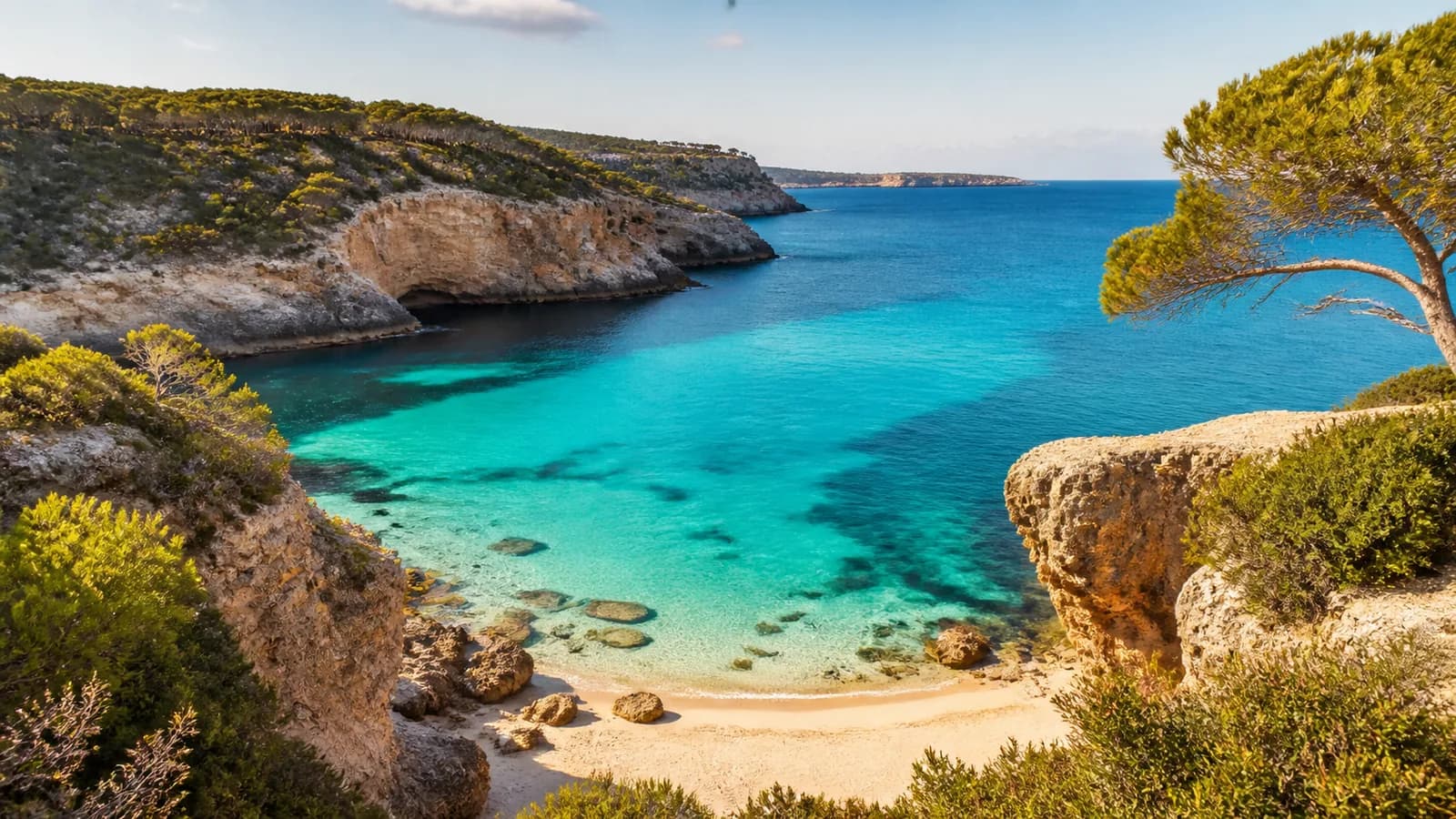 A turquoise Mallorca cove framed by limestone cliffs and Mediterranean pines