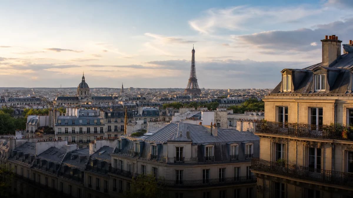 Paris rooftops with the Eiffel Tower in warm evening light