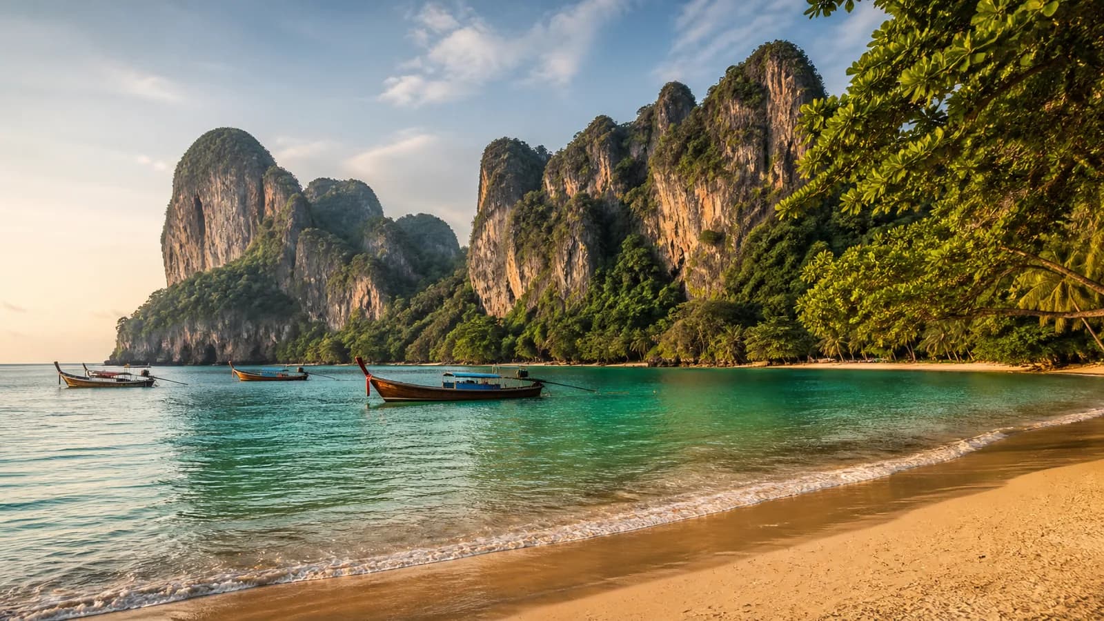 Phuket limestone headlands and long-tail boats beside turquoise Andaman water
