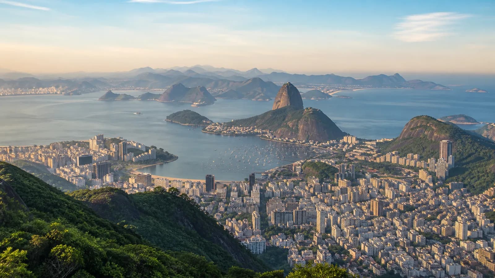 Rio de Janeiro and Guanabara Bay with Sugarloaf Mountain in soft light