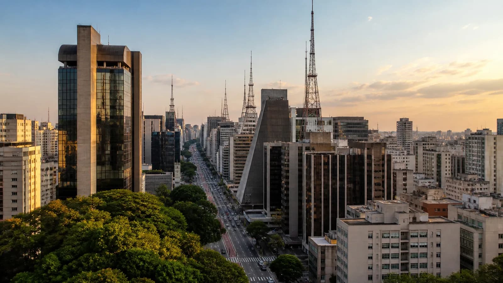 Avenida Paulista and Sao Paulo’s dense skyline in warm evening light