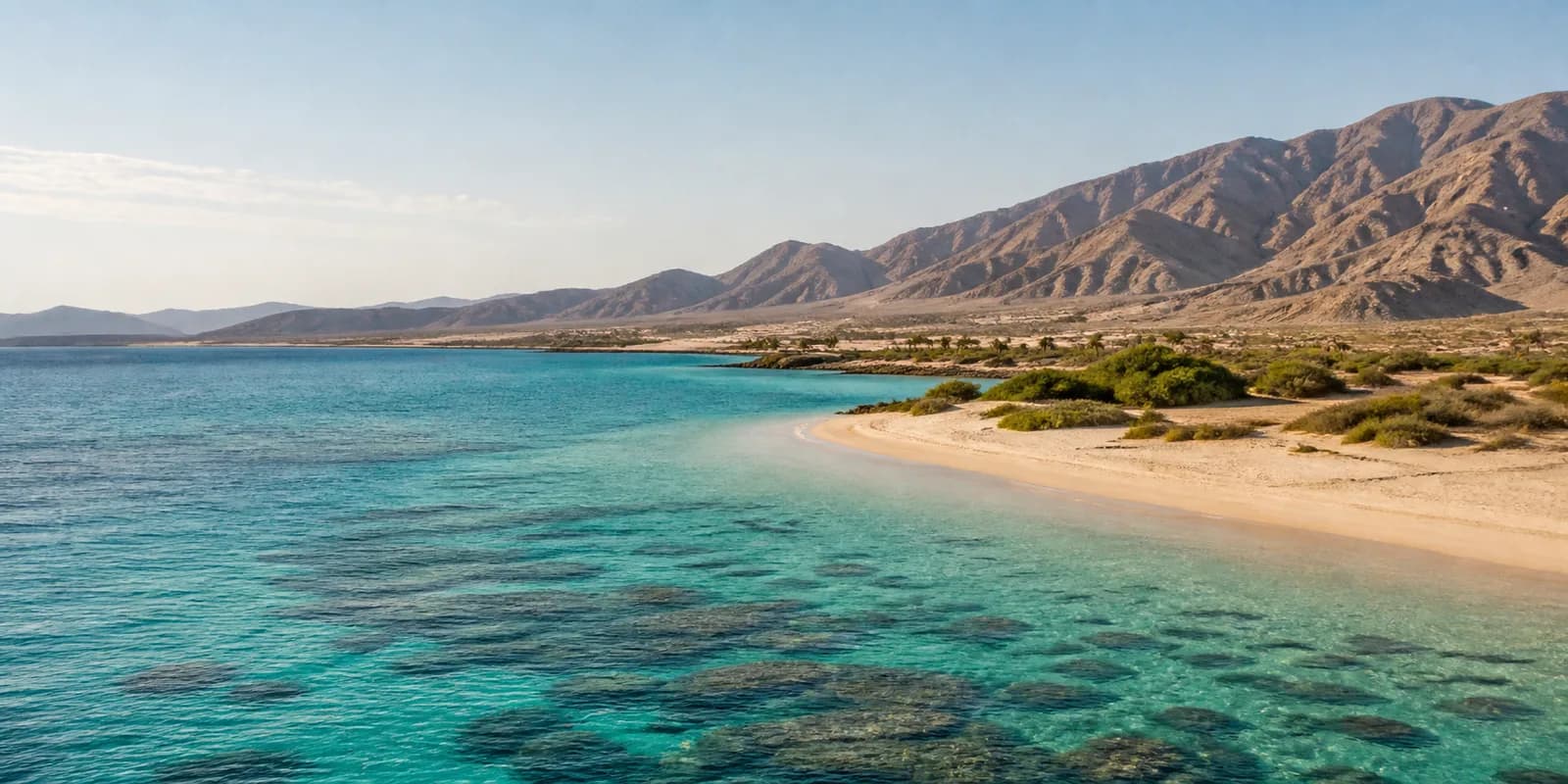 Saudi Red Sea coastline with clear water, coral shallows, and desert mountains
