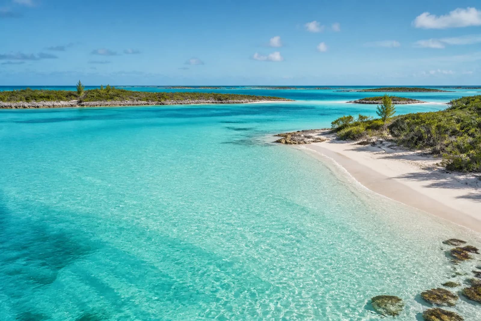 Clear turquoise shallows and pale sand cays in The Bahamas