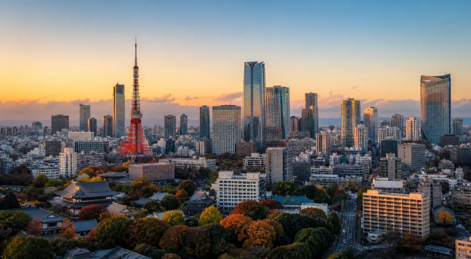 Tokyo Tower and central Tokyo skyline in warm evening light