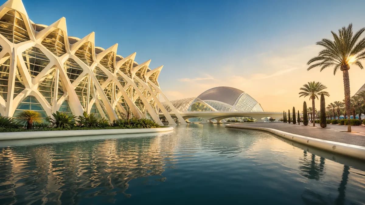 The City of Arts and Sciences reflected in the water in Valencia